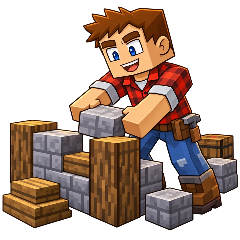 The myGen character building with stone and wood blocks