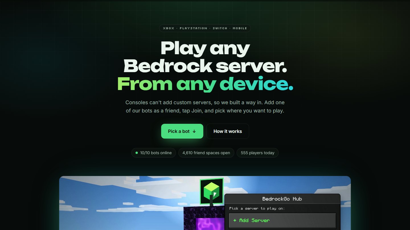 bedrockgo.com, with live bot status