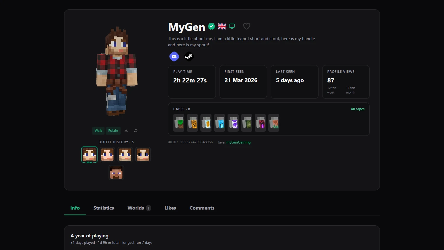 A player profile, with the 3D outfit viewer