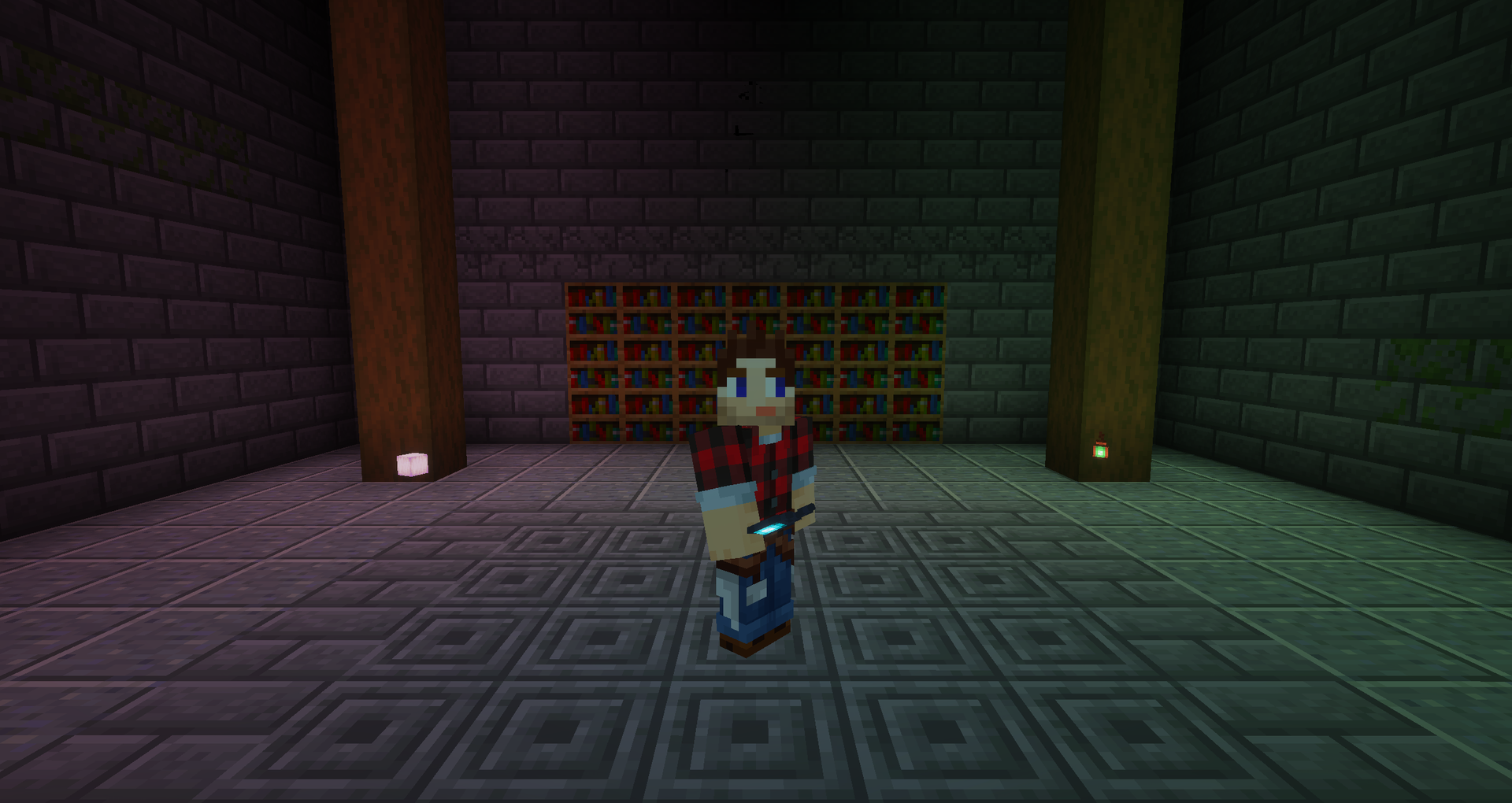 A soul lantern in hand, with a pearlescent froglight and a copper lantern lighting the hall in their own colours