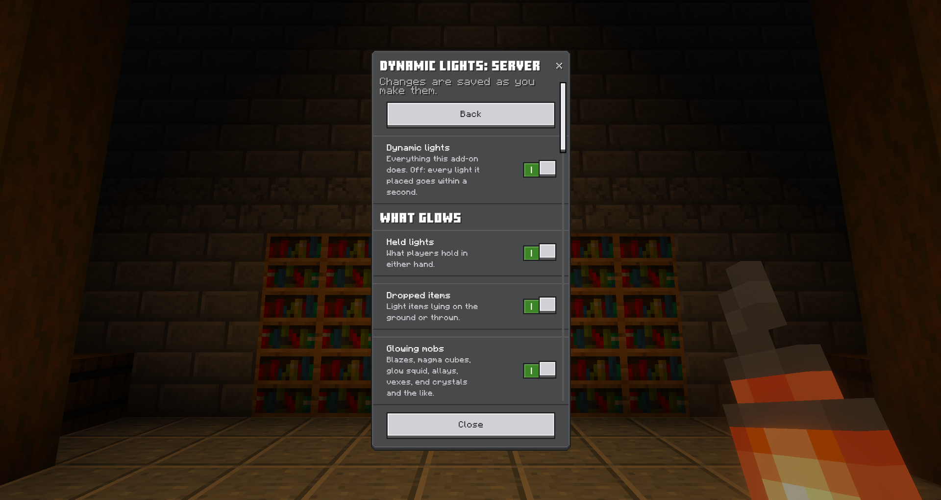 Server settings: every kind of light on or off