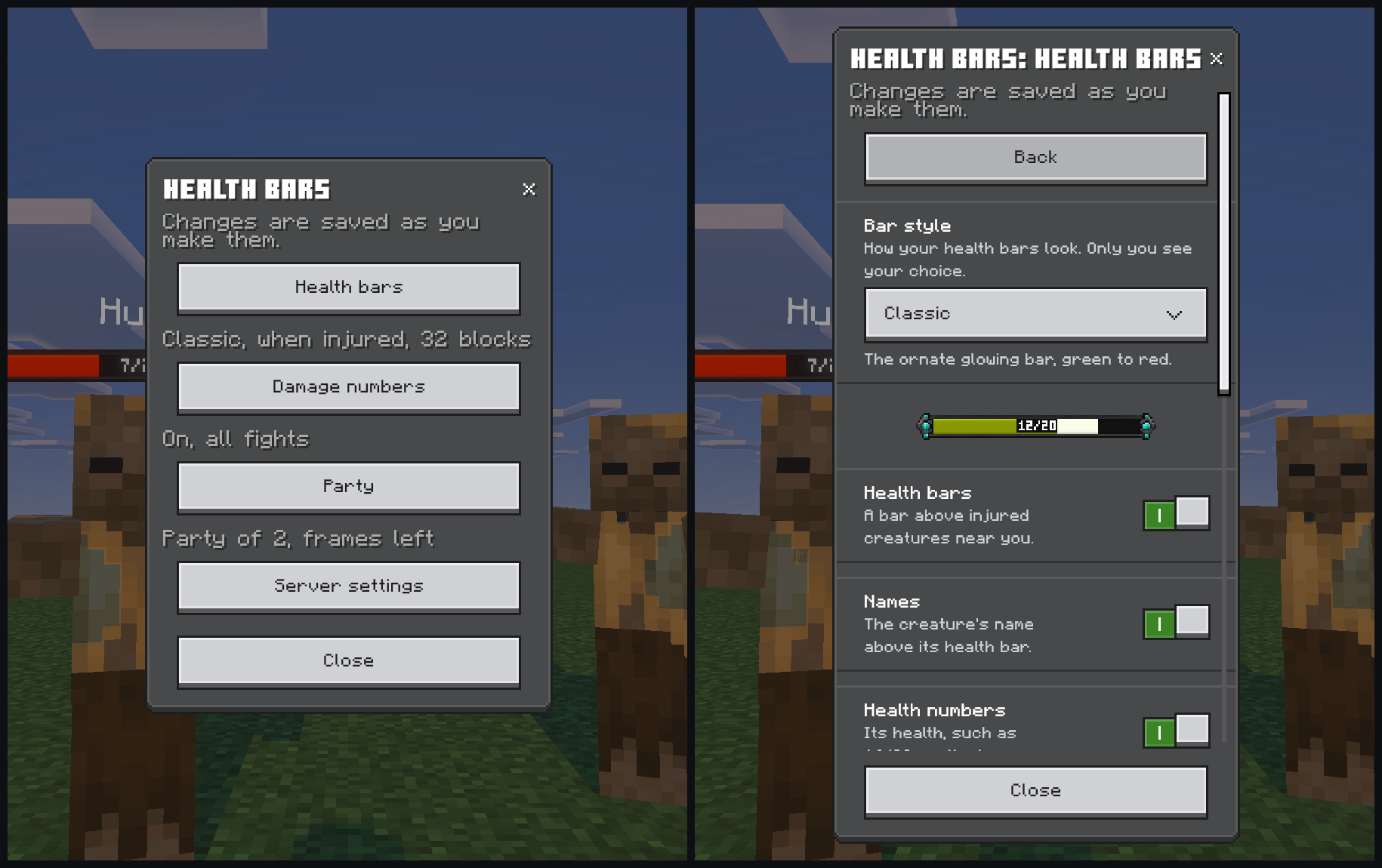 The settings menu: a page each for health bars, damage numbers and your party